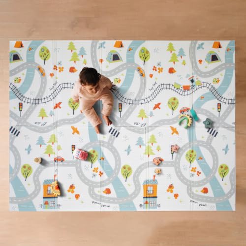 Nuby Reversible Baby Floor Mat | Infant Play Mat, Foldable and Lightweight Foam, 77" x 58", Easy Storage and Travel, Car Tracks/Alphabet - style: Car Tracks