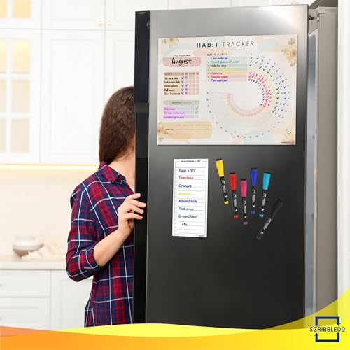 Habit Tracker Journal Workout Motivation Fridge Calendar Dry Erase 13” X 17” Magnet Health Fitness Goal Tracker Goals Board - With Shopping Grocery List - 6 Markers Included