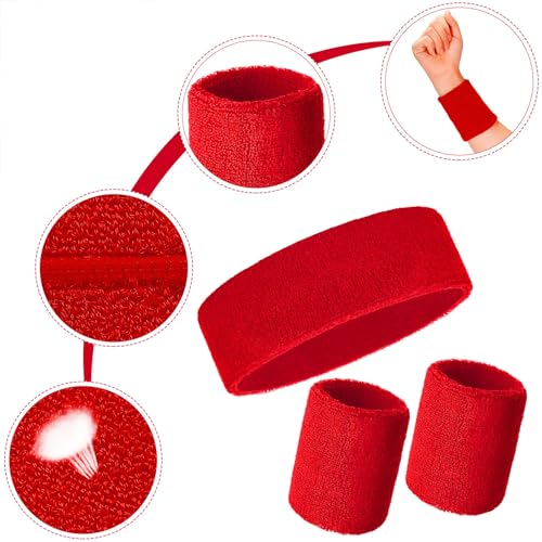 Bememo 6 Pcs Neon Sports Sweatbands Set Sports Competitions Sweatbands 2 Headband 4 Wristbands Breathable Terry Cloth Athletic Bands for Team Soccer Spirit 80s Costumes Cosplay - color: Red