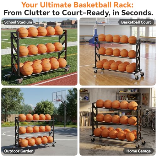 Basketball Racks for Balls, Heavy Duty Ball Cart with Wheels, Basketball Storage 3-Tier 20-Ball Heavy Duty Ball Cart for Gym Garage,Drop Pin for Shooters Preference