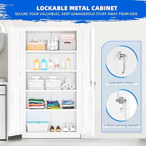 Superday Locking Metal Cabinet 72"×36"×18", Tall Storage Cabinet with 2 Doors and 4 Shelves, Large Metal Steel Utility Cabinets for Office File Bathroom Medicine Garage Pantry (White) - color: White, style: 72"