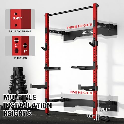 JELENS FS01 Folding Squat Rack, Wall Mounted Power Rack for Home Gym, Space Saving Multi-Functional Power Cage with More Attachments - color: Red, size: Weight Bench Package