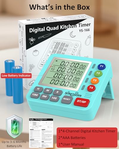 Digital Kitchen Timer with 4 Channel, Loud Alarm and Silent Mode | Magnetic Cooking Timer with Count Up & Countdown for Kids and Seniors, Large Display to Read, Auto Memory, Battery Included - color: Mint Green