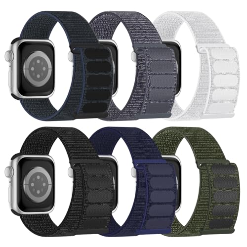 6 Pack Sport Nylon Loop Band Compatible with Apple Watch Band 38mm 40mm 41mm 42mm 44mm 45mm 46mm 49mm for Women Men, Adjustable Breathable Braided Straps for iWatch Series 11/10/9/8/7/6/5/4/3/SE/Ultra - color: Dark Blue/Army Green/Black/Grey/Charcoal/Summ