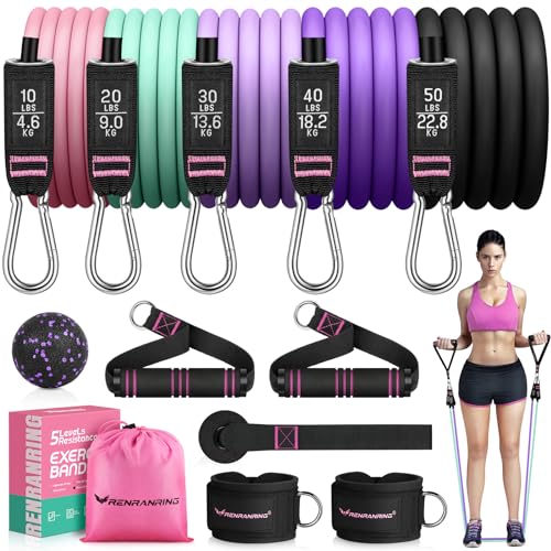 RENRANRING Resistance Bands for Working Out, 150LBS Exercise Bands, Workout Bands, Resistance Bands Set with Handles for Men Women, Legs Ankle Straps - color: Pink, Green, Light-purple, Purple, Black, size: 51.0 inch