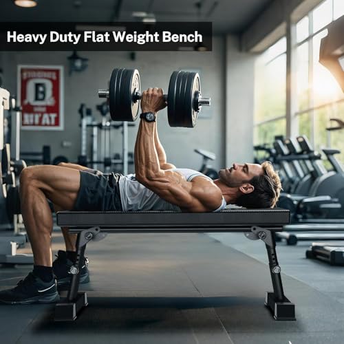 Flat Weight Bench Foldable 1300 LBS Capacity Adjustable Home Gym 5-Level Height Adjustment, 2.5" thick cushion, sturdy T-legs, Commercial-grade Flat Bench, Compact Storage for Home Workouts Man Woman