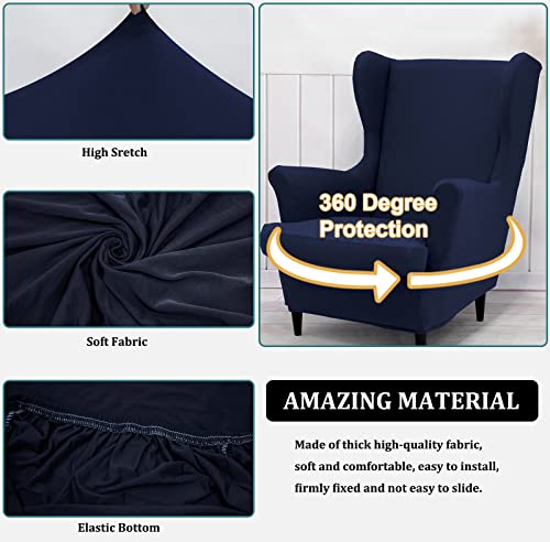 NILUOH Wingback Chair Cover 2-Piece Soft Stretch Wing Chair Slipcover Solid Color Armchair Sofa Couch Cover Furniture Protector with Elastic Bottom for Living Room Bedroom (Navy) - color: Navy