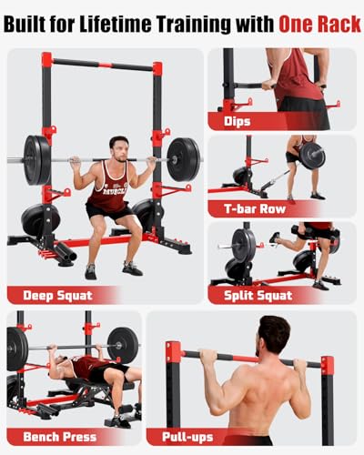 YOLEO Smith Machine & Squat Rack Combo, Multi-Functional Power Racks with Adjustable Width & Pull-Up Bar, Cable Crossover Power Cage, Independent Dual-Pulley System for Home Gym Garage Basement - style: Squat Rack Combo（Extended Squat Rack + 880LB Weight