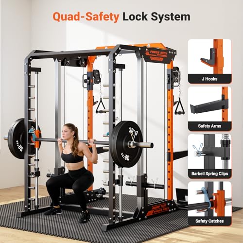 YOLEO Smith Machine & Squat Rack Combo, Multi-Functional Power Racks with Adjustable Width & Pull-Up Bar, Cable Crossover Power Cage, Independent Dual-Pulley System for Home Gym Garage Basement - style: 1800LB Multi-Functional Smith Machine