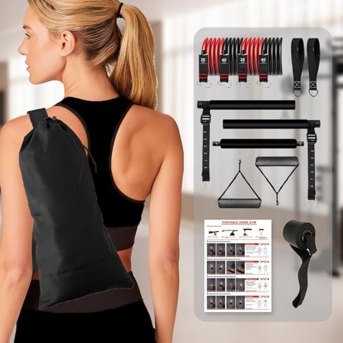 Pilates bar kit Multiple Fitness bar with Resistance Bands, Ab Rollers.Core Strength Training Equipment. Squat Machine for Men and Women.Portable Home Gym Pilates bar kit for Full Body Training Women - style: Basic black