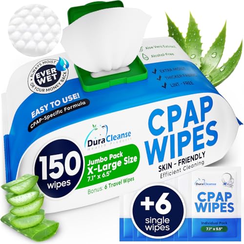 CPAP Mask Wipes - 150 Count Jumbo Pack + 6 Travel Sheets - Dura Cleanse Extra Large, Extra Moist Cleaning Wipes for Full Face, Nasal Masks Unscented Cleaner for CPAP Machine, Supplies and Accessories - size: 150 Count (Pack of 1)