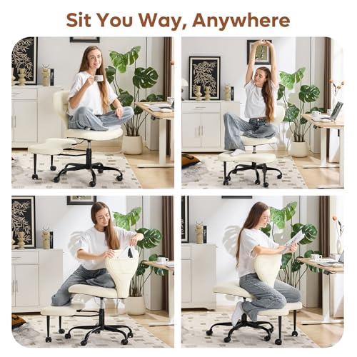 YFO Ergonomic Cross Legged Office Chair and ADHD Meditation Chair with Silent Wheels for Home Office Desk Chair and Yoga, Wider Backrest Support and Storage Pockets Design, PU Leather, Cream - color: Pu-cream