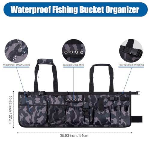 Fishing Bucket Organizer with Mesh Cover 5 Gallon Bucket Accessories Waterproof 600D Adjustable Fishing Tackle Bag with Multi-Pockets for Fishing Gear and Equipment