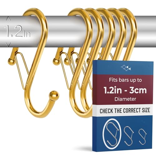 6-Pack Metal S Hooks for Hanging – Heavy-Duty S-Shaped Hooks with Safety Buckle – Fits Bars up to 1.2 in – Anti-Drop S-Hooks for Closet, Wardrobes & Storage – Gold (Large) - color: Yellow Gold, size: Large - 1.2In Diameter