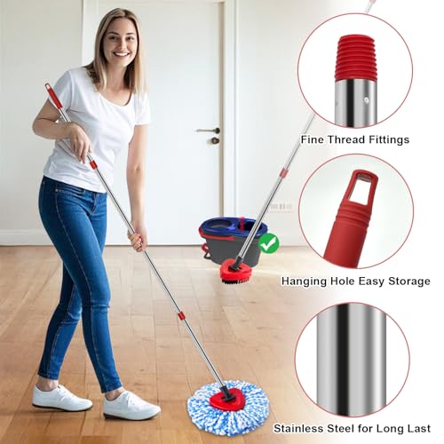 Spin Mop Handle Mop Heads and Base Replacement Sets Compatible with O Cedar EasyWring Rinseclean 2 Tank System, Flexible & Reusable(1 Sets Stainless Steel Handle & 2 Refills & 1 Base & 1 Scrub Brush) - color: 1 Sets Stainless Steel Mop Handle + 2 Blue Hea