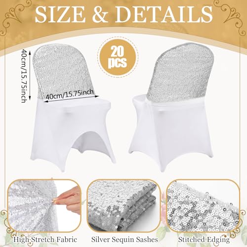 20 Pcs Silver Sequin Chair Back Covers 16x16 Inches Double Sided Glitter Stretch Folding Chair Sashes Stretch Slipcovers for Wedding Banquet Reception Baby Shower Party Decorations