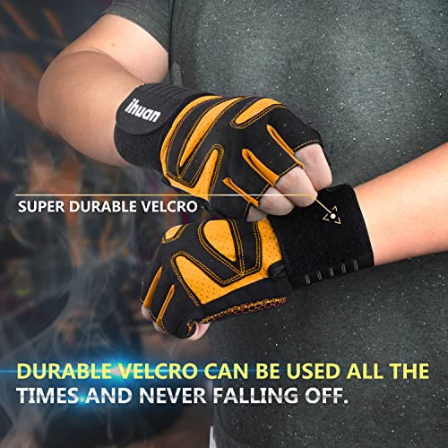 ihuan Ventilated Weight Lifting Gym Workout Gloves with Wrist Wrap Support for Men & Women, Full Palm Protection, for Weightlifting, Training, Fitness, Hanging, Pull ups - color: Orange, size: Medium