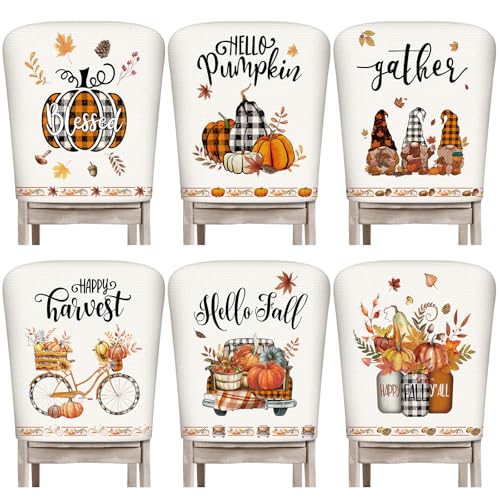 Moukeren Fall Chair Back Cover Set of 6 Thanksgiving Pumpkin Slipcovers Stretch Dining Chair Back Covers Farmhouse Removable Elastic Seat Protector for Home Thanksgiving Harvest Party Kitchen Decor - style: Pumpkin