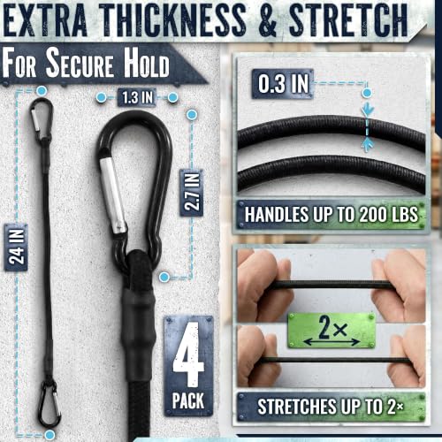 Bungee Cords with Carabiner Hooks Heavy Duty, 24", 200 Lbs Load, 4 Pcs | Elastic Tie Down Straps, Rubber & Latex, Anti-Rust Steel Hooks, 2X Stretch, Waterproof, UV Resistant; Camping, Tarps & Car - size: 24 Inch (Pack of 4)