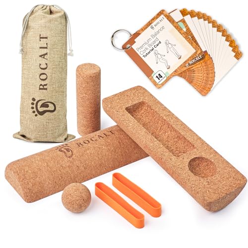 Rocalt Cork Balance Board, Foot and Ankle Strengthener Kit | 4-in-1 set with roller, ball, toe bands and guide, 12 x 4 x 4 in cork build, for runners, yoga and mobility