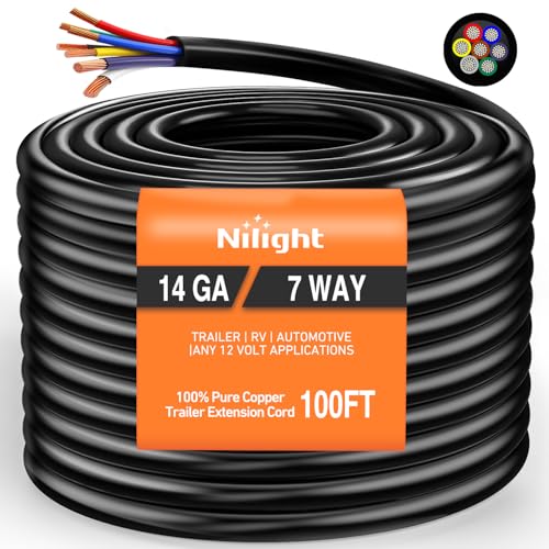 Nilight 100 Feet 7 Way Trailer Extension Cable Traditional SAE 14 Gauge 7 Conductor 100% Pure Copper Wire Insulated Heavy Duty Cord Weatherproof for 7 Pin Blade RV Automotive - color: Traditional SAE Trailer Cord 100FT