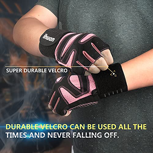 ihuan Ventilated Weight Lifting Gym Workout Gloves with Wrist Wrap Support for Men & Women, Full Palm Protection, for Weightlifting, Training, Fitness, Hanging, Pull ups - color: Pink, size: Small