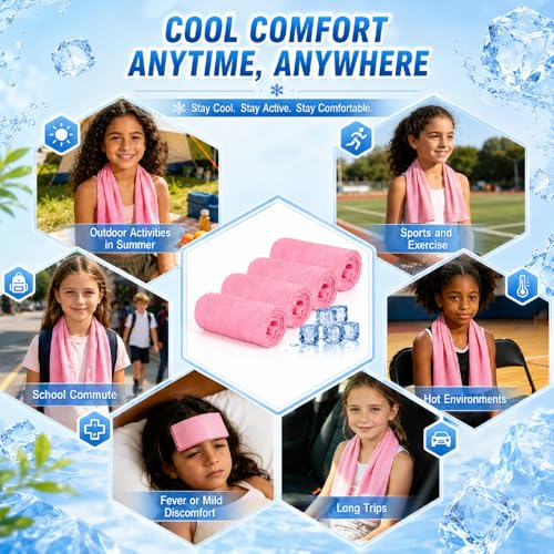 BobbleT Kids PVA Cooling Towels 4 Pack (30"x9") - Mini Instant Ice Cooling Towels for Neck & Face with UPF 50+ Sun Protection, Reusable Summer Heat Relief for Outdoor Activities, Pink - color: Pink