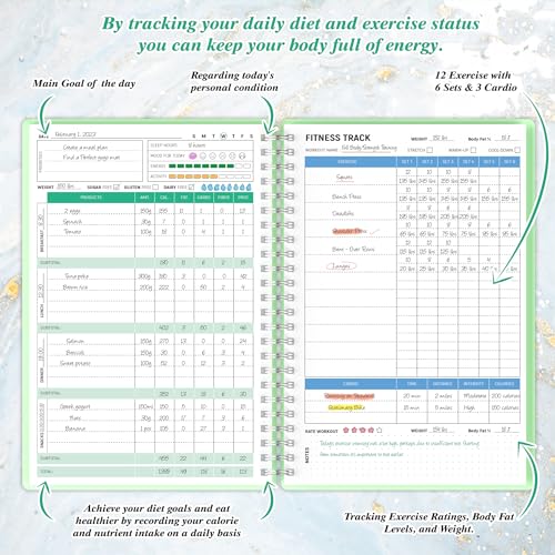 Wellness Planner & Fitness Log - Daily Diet & Health Journal with Weight Loss, Wellness Journal Notebook for Tracking Fitness, Sleep, Nutrition, Meal, Habits, A5(5.8 x 8.6 inch) (Green) - color: Green
