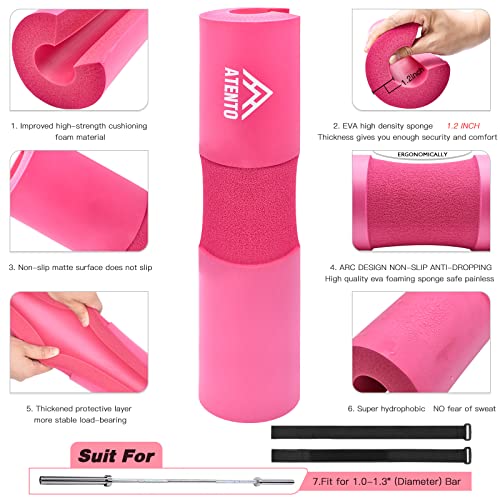 ATENTO 10Pcs Barbell Pad Set with Weight Lifting Belt, Thick Cushion Hip Thrust Pad for Bench Press, Lunges, Workout, Leg Exercise, Squat Bar Pad for Relief Pressure from Neck & Shoulder for Smith machine & Olympic Bars, with 2 Gym Ankle Straps, Hip Resis