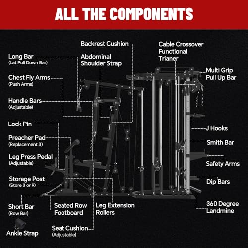 All in One Home Gym System Workout Station, Multi-Function Smithe Machine Power Cage with Cable Crossover System, Tripe-Sided Independent Load Posts, Functional Trainer for Full Body Training - color: Black, style: Home Gym Station with Weight Bench (9001