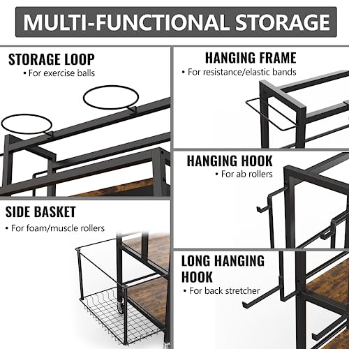 EasyCom Home Gym Storage Rack for Dumbbells, Kettlebells, Foam Roller, Weights - Yoga Mat Storage Rack - Yoga Mat Storage Cart with Wheels, Shelves, Hooks - Home Gym Storage Unit Equipment Organizer