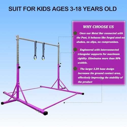 Gymnastics Bar for Kids Girls Ages 3-15 with Ring for Home Indoor Training Equipment- Steady Steel Construction, Anti-Slip, Easy to Assemble, 3' to 5' Adjustable Height - color: PURPLE, size: 4.8FT, style: FOLDABLE BAR WITH RING