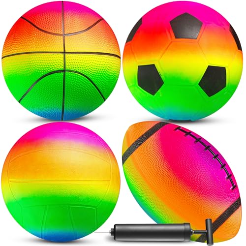 Rainbow Sports Balls for Kids & Toddlers - (Pack of 4) 8.5-Inch Neon Sport Ball Set Includes Football, Soccer, Basketball, & Playground Balls, Toy Balls for Indoor/Outdoor - color: Rainbow, size: 8.5 Inch