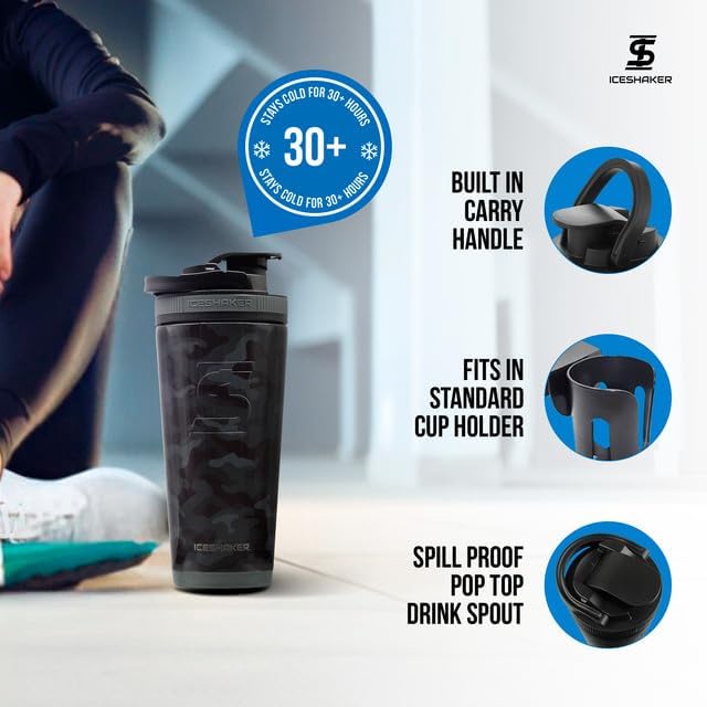 Ice Shaker Insulated Stainless Steel Shaker Bottle | 26oz, Black camo | Cold for 30+ Hours | Insulated Cup with Twist-on Agitator | Odor-Free Bottle for Protein Shakes, Water, Smoothies, Cocktails - color: Black Camo