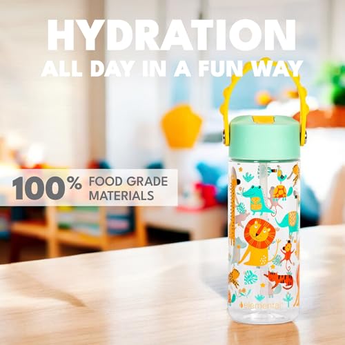 Elemental Water Bottles for Kids - Splash Kids Water Bottle for School with Pop-it Handle - BPA Free Tritan Plastic Water Bottle with Straw Leak Proof when Spout is Closed - Clear Jungle - 18oz - color: Clear Jungle