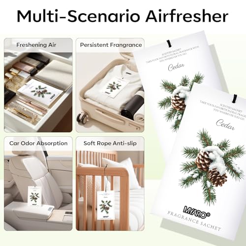 MYARO 12 Pack Cedarwood Scented Sachets for Drawer, Closet & Small Spaces Air Freshener Bags, Odor Eliminator for Car, Shoes, Gym Bag Home Fragrance Gift Set - color: Cedarwood