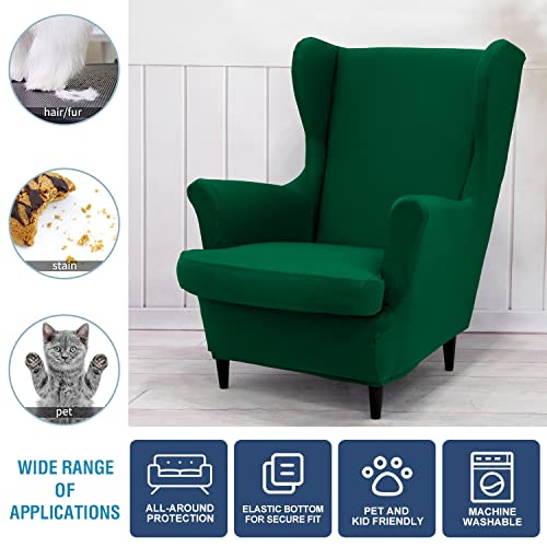 NILUOH Wingback Chair Cover 2-Piece Soft Stretch Wing Chair Slipcover Solid Color Armchair Sofa Couch Cover Furniture Protector with Elastic Bottom for Living Room Bedroom (Dark Green) - color: Dark Green