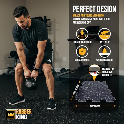 Rubber King 10 Piece Interlocking Tiles 19" x 19" x 6mm - 100% Recycled Rubber Gym Floor Tiles, Exercise Mat for Home Gym, Anti-Slip Low-Odor Interlocking Puzzle Floor Tiles - 23.5sq ft - color: Black