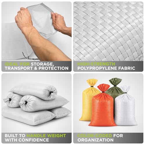 Heavy Duty Sand Bags Pack of 3, White Empty Sandbags with Built-In Ties, Woven Polypropylene UV Protection 1600 Hours, Fillable Bags for Flood Control, Weight, 38x18 inches, 90 Pounds Volume
