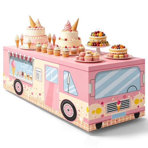 6FT Ice Cream Truck Tablecloth, Pastel Dessert and Sweet Treat Print Washable Reusable Fabric Table Cover for Kids’ Birthday Table Decor, Summer Party Supplies, and Ice Cream Bar Decorations - color: Ice Cream