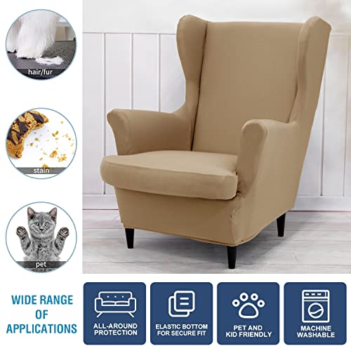 NILUOH Wingback Chair Cover 2-Piece Soft Stretch Wing Chair Slipcover Solid Color Armchair Sofa Couch Cover Furniture Protector with Elastic Bottom for Living Room Bedroom (Khaki) - color: Khaki