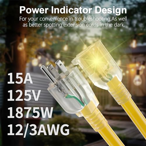 HUANCHAIN 3 Pack 3 ft 12/3 Gauge Heavy Duty Outdoor Extension Cord Waterproof with Lighted, Flexible Cold Weather 3 Prong Electric Cord Outside, 15A 1875W 125V 12AWG, Yellow, ETL Listed - color: Yellow, size: 3FT-3pcs