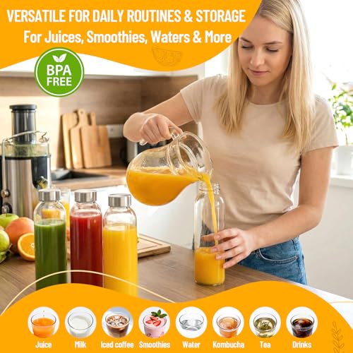 Luxfuel Clear Glass Bottles with Lids, 18oz Glass Water Bottles for Juicing | 100% Leak Proof Reusable Juice Bottle with Stainless Steel Cap for Smoothie, Milk, Refrigerator, Dishwasher Safe, Set of 10 - color: Clear Glass Bottle 10Pack, size: 18oz