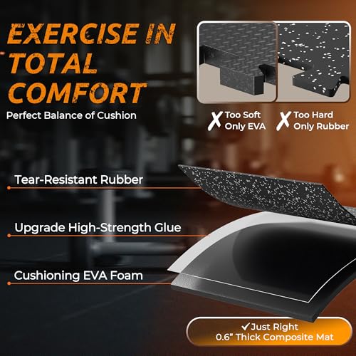 PRAISUN 0.6" Thicker Rubber Top Gym Flooring for Home Gym, 24 Pcs 96 Sq Ft Workout Mats, Exercise Mat, Interlocking Rubber Floor Mats with High Density EVA Foam for Garage, 24 x 24in, Black/Grey - size: 24 Tiles (96 Sq Ft)