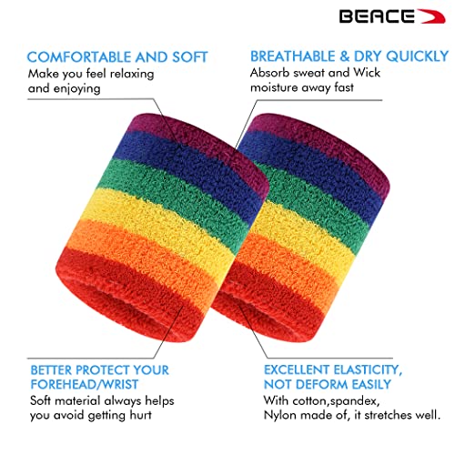 BEACE Sweatbands Sports Wristband for Men & Women - Moisture Wicking Athletic Cotton Terry Cloth Sweatband for Tennis, Basketball, Running, Gym, Working Out - color: Rainbow