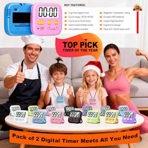 Antonki 2 Pack Digital Timer for Kids, Magnetic Countdown Kitchen Timers for Cooking, Egg, Classroom, Teacher, Exercise, Study, Oven - Battery Included - color: 2 * Dreamy Pink + Blue ( 95%+select for Boy & Girl )