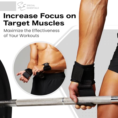 Special Essentials Weight Lifting Hooks - 1 Pair of Premium Steel Hooks with Padded Wrist Straps for Enhanced Grip, Support, and Comfort During Heavyweight Lifting and Pull-ups - Ideal for Powerlifting, Deadlifts, and Rows - color: Black