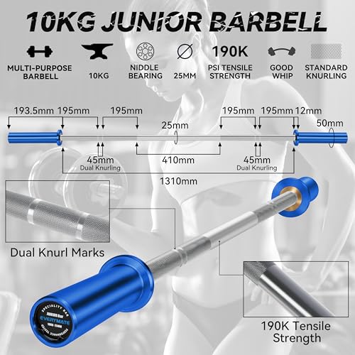 EVERYMATE 5LB Mini Barbell Bar Beginner Women Kid Barbell Total Body Workout Weighted Bar,for Strength Training, for Youth Children New Weightlifting - color: Blue Sleeves Sliver Bar, size: 10KG Junior Barbell