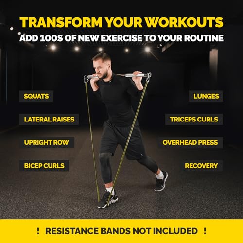 Heavy Duty Steel Resistance Band Bar for Exercise, Adjustable 27-39 Inches | Portable 3-section design, ball-bearing swivel ends, tangle-free movement, fits loop, tube and pull-up resistance bands