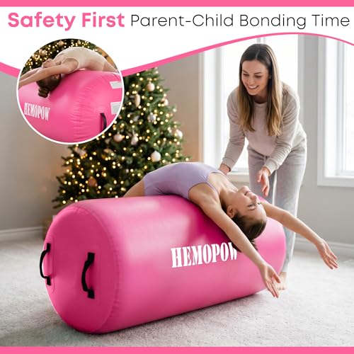 Inflatable Gymnastics Air Barrel Roller with Electric Pump, Heavy Duty PVC Tumbling Barrel Back Handspring Trainer, Air Tumble Track Mat for Home Gym, Cheerleading, Yoga Practice - color: Pink, size: 3.3'L x 2'D